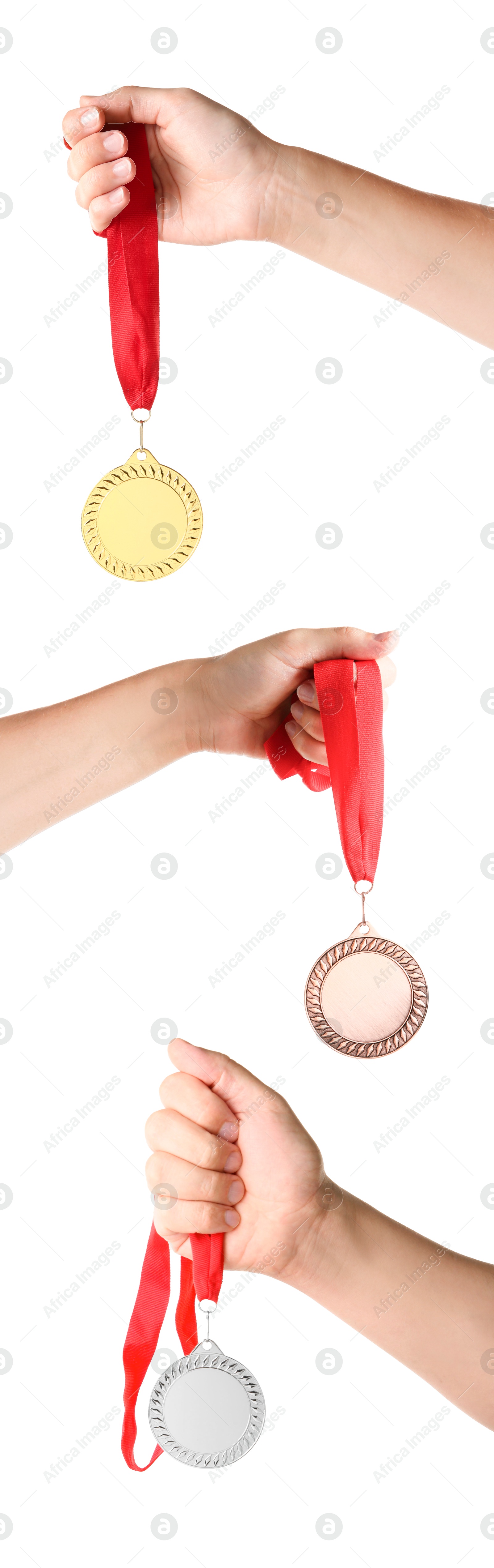 Image of People holding gold, silver and bronze medals on white background, closeup