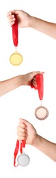 Image of People holding gold, silver and bronze medals on white background, closeup