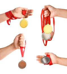 Image of People holding gold, silver and bronze medals on white background, closeup