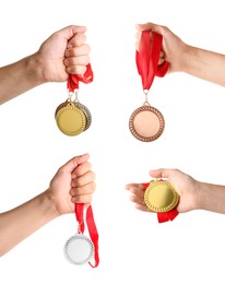 Image of People holding gold, silver and bronze medals on white background, closeup