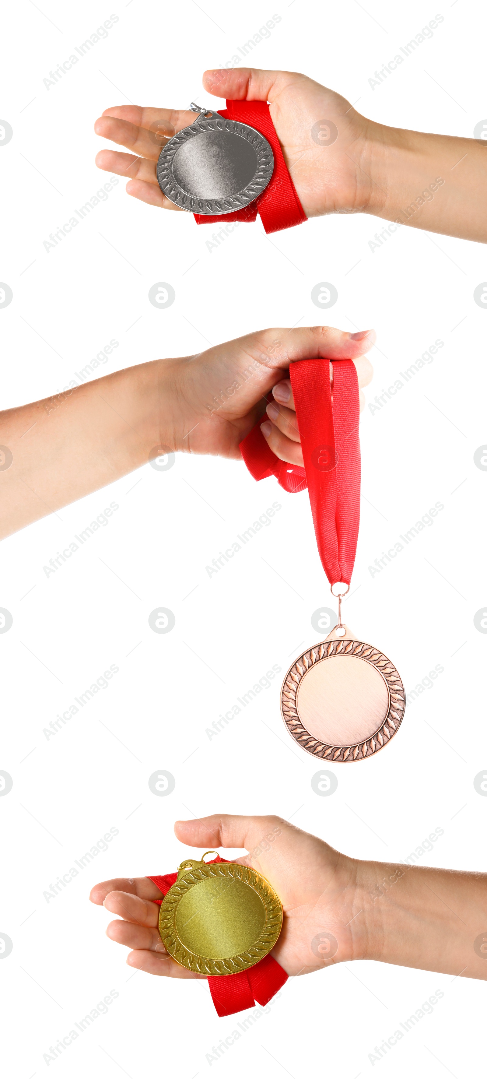 Image of People holding gold, silver and bronze medals on white background, closeup