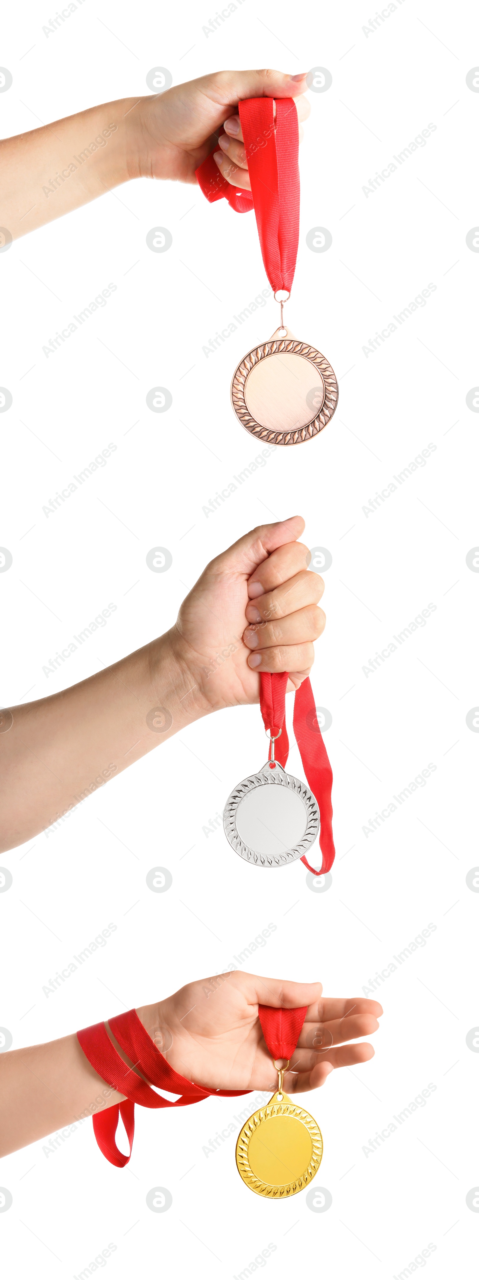 Image of People holding gold, silver and bronze medals on white background, closeup