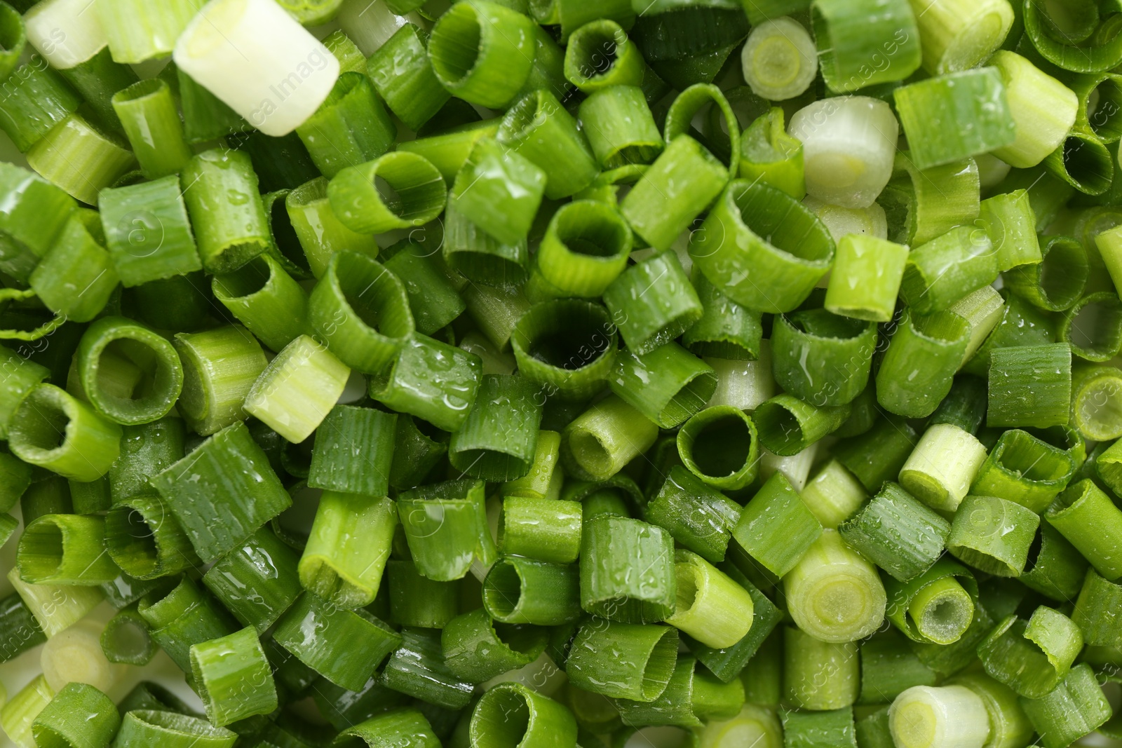 Photo of Chopped fresh green onion as background, top view