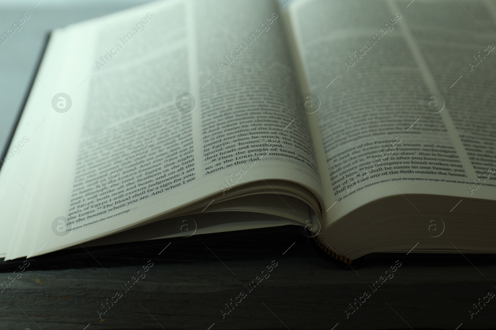 Photo of Open Holy Bible in English language on wooden table, closeup