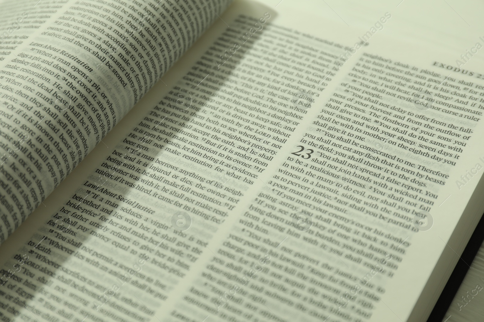 Photo of Open Holy Bible in English language on table, closeup