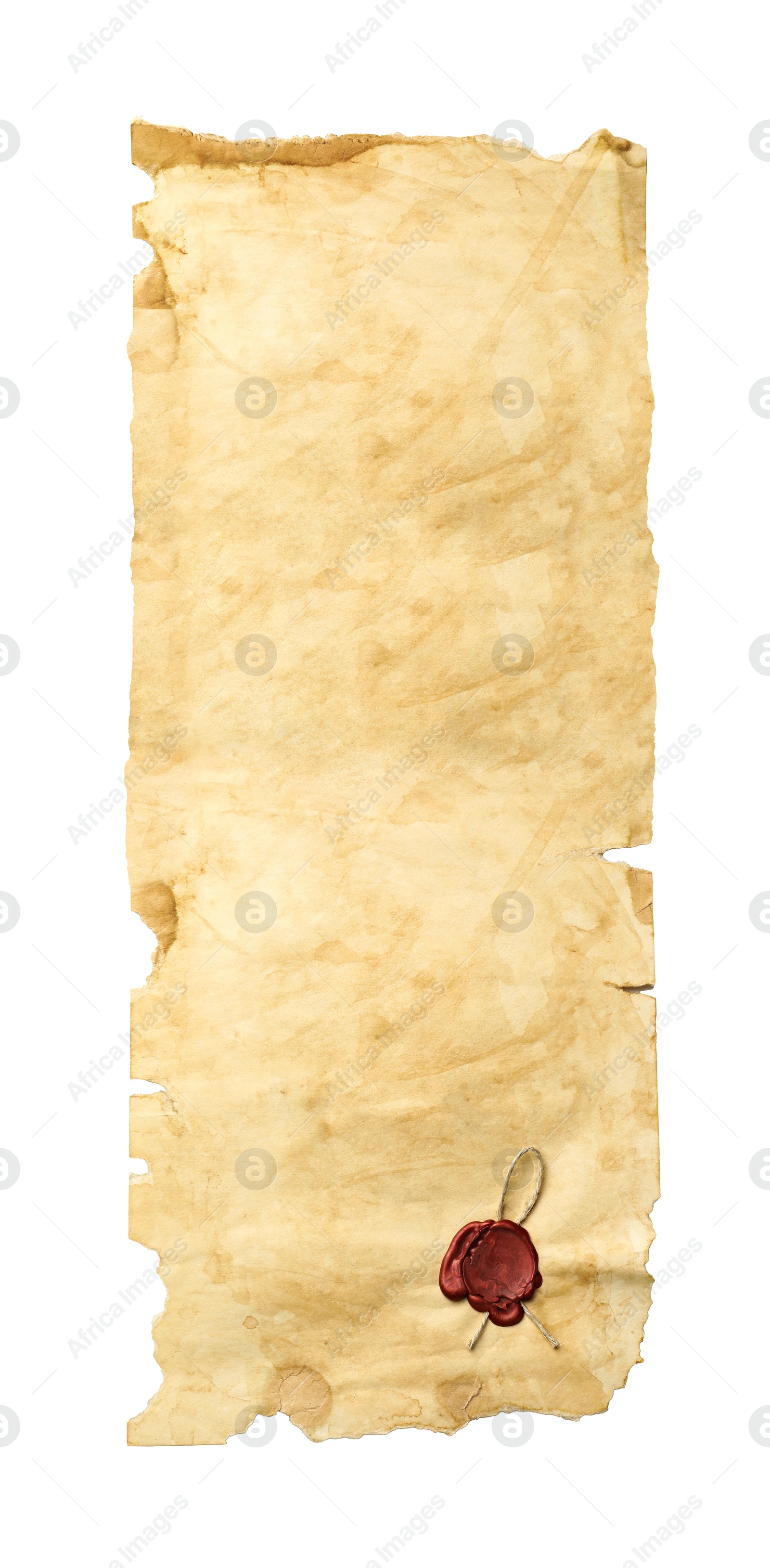 Image of Scroll of old parchment paper with wax seal isolated on white