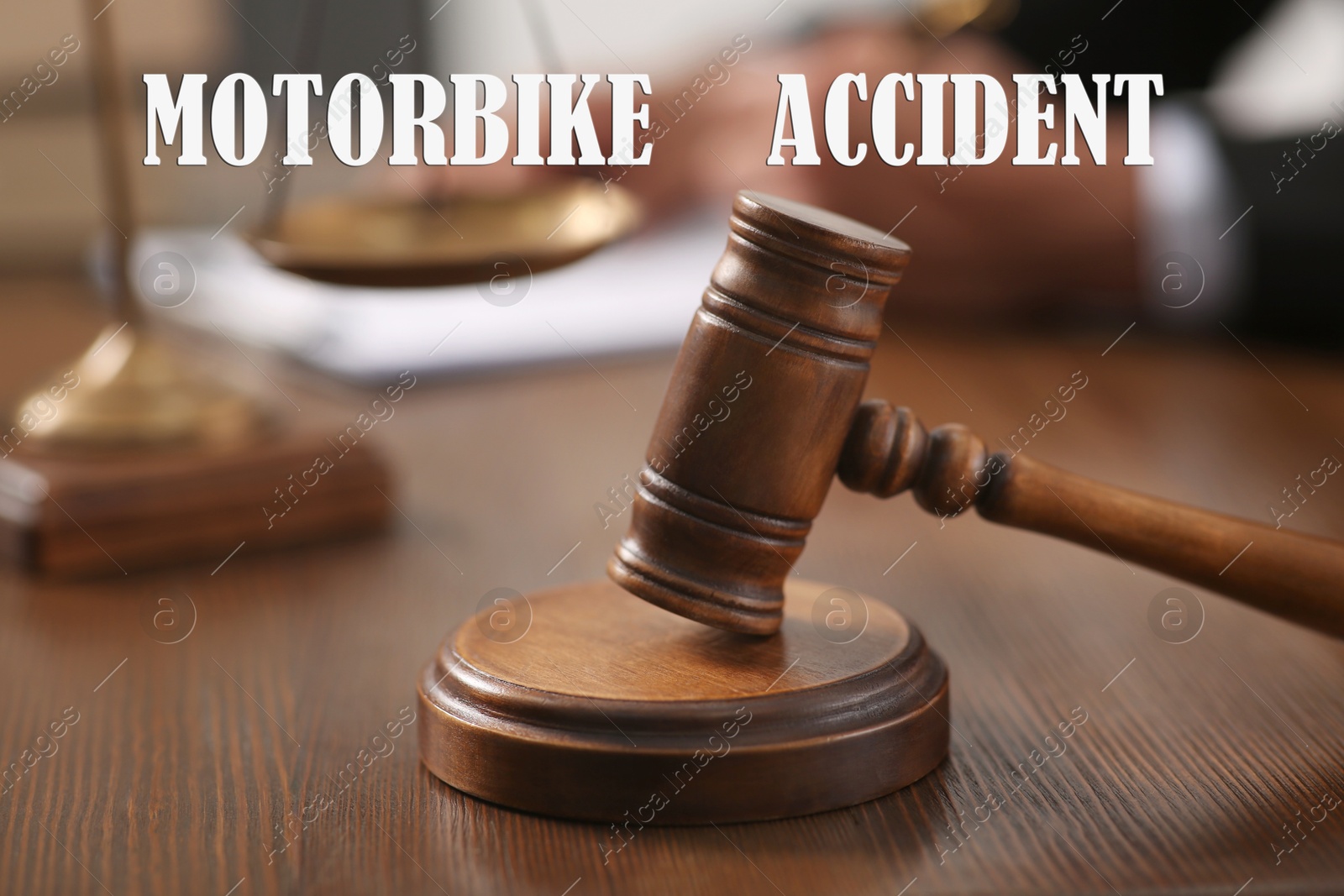 Image of Motorbike accident law. Judge at wooden table, focus on gavel