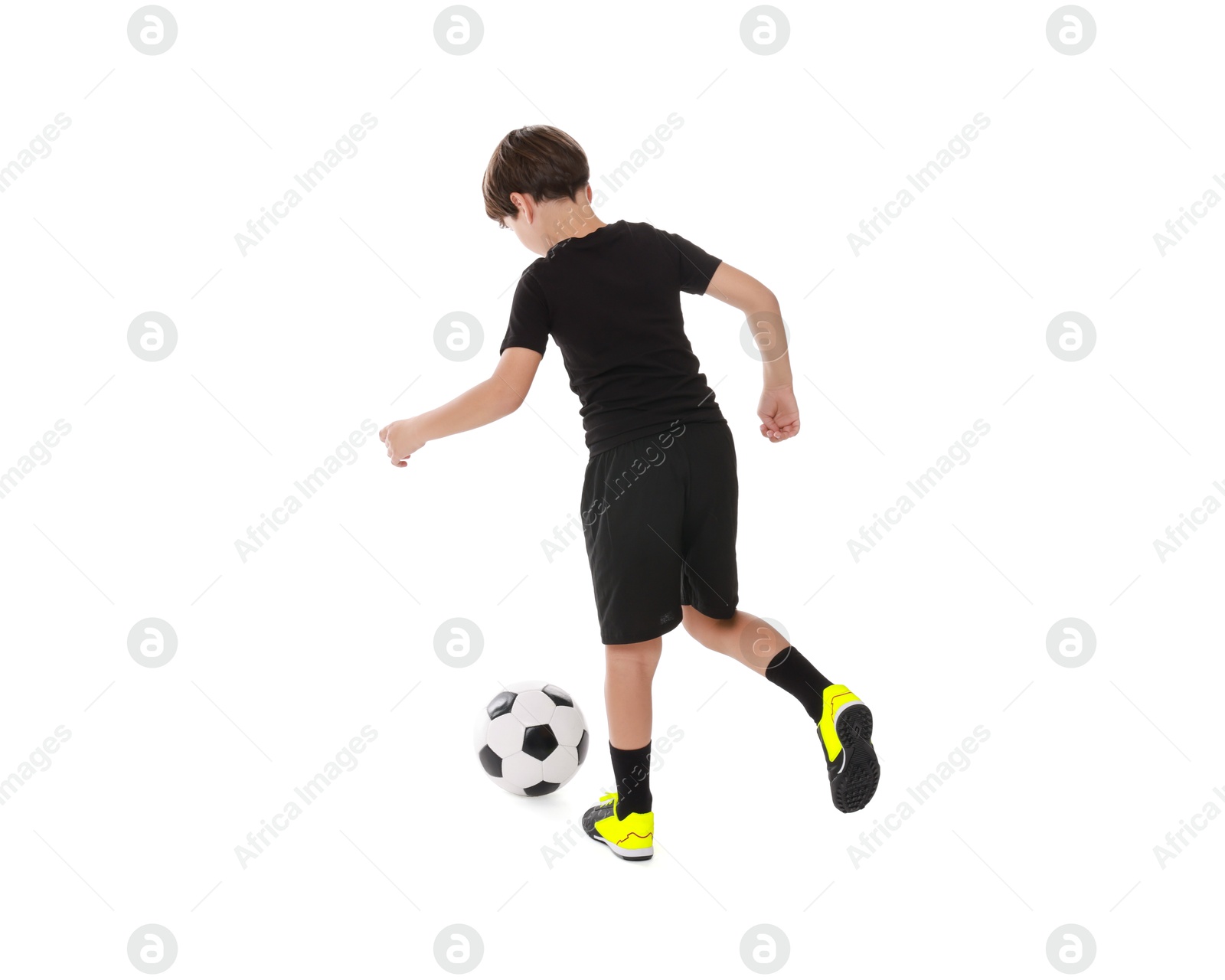 Photo of Boy with soccer ball playing football on white background, back view