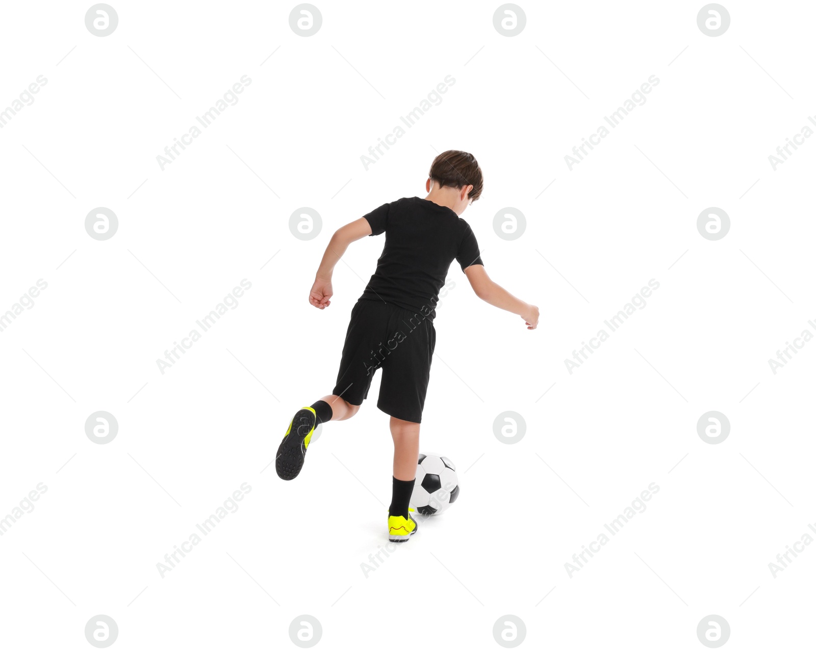 Photo of Boy with soccer ball playing football on white background, back view