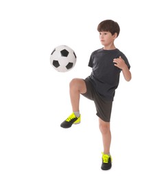 Boy with soccer ball playing football on white background