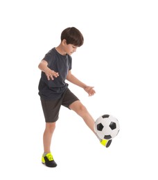 Photo of Boy with soccer ball playing football on white background