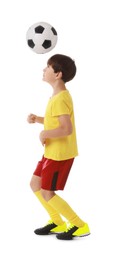 Photo of Boy with soccer ball playing football on white background