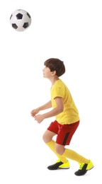 Boy with soccer ball playing football on white background