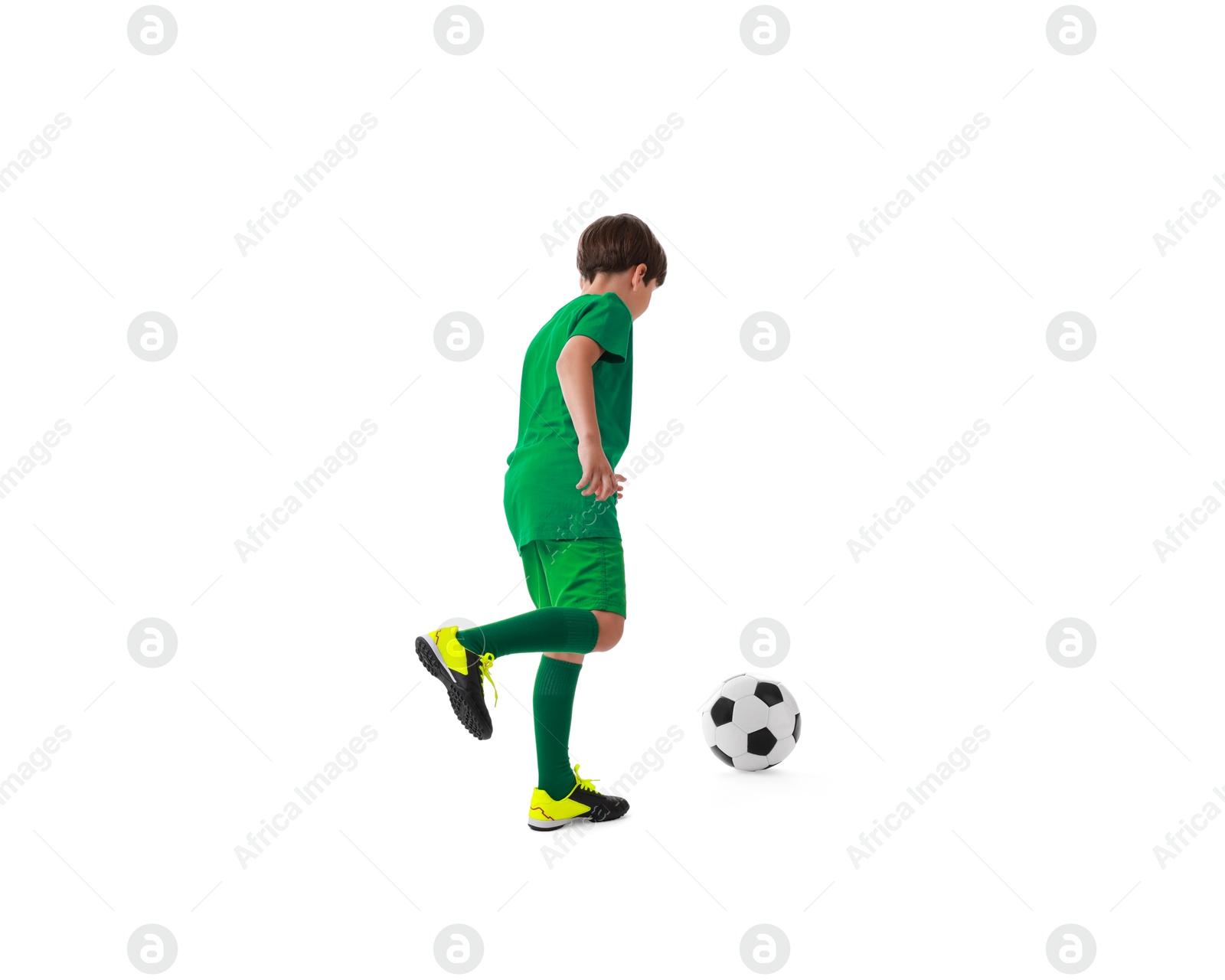 Photo of Boy with soccer ball playing football on white background