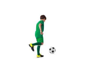 Photo of Boy with soccer ball playing football on white background