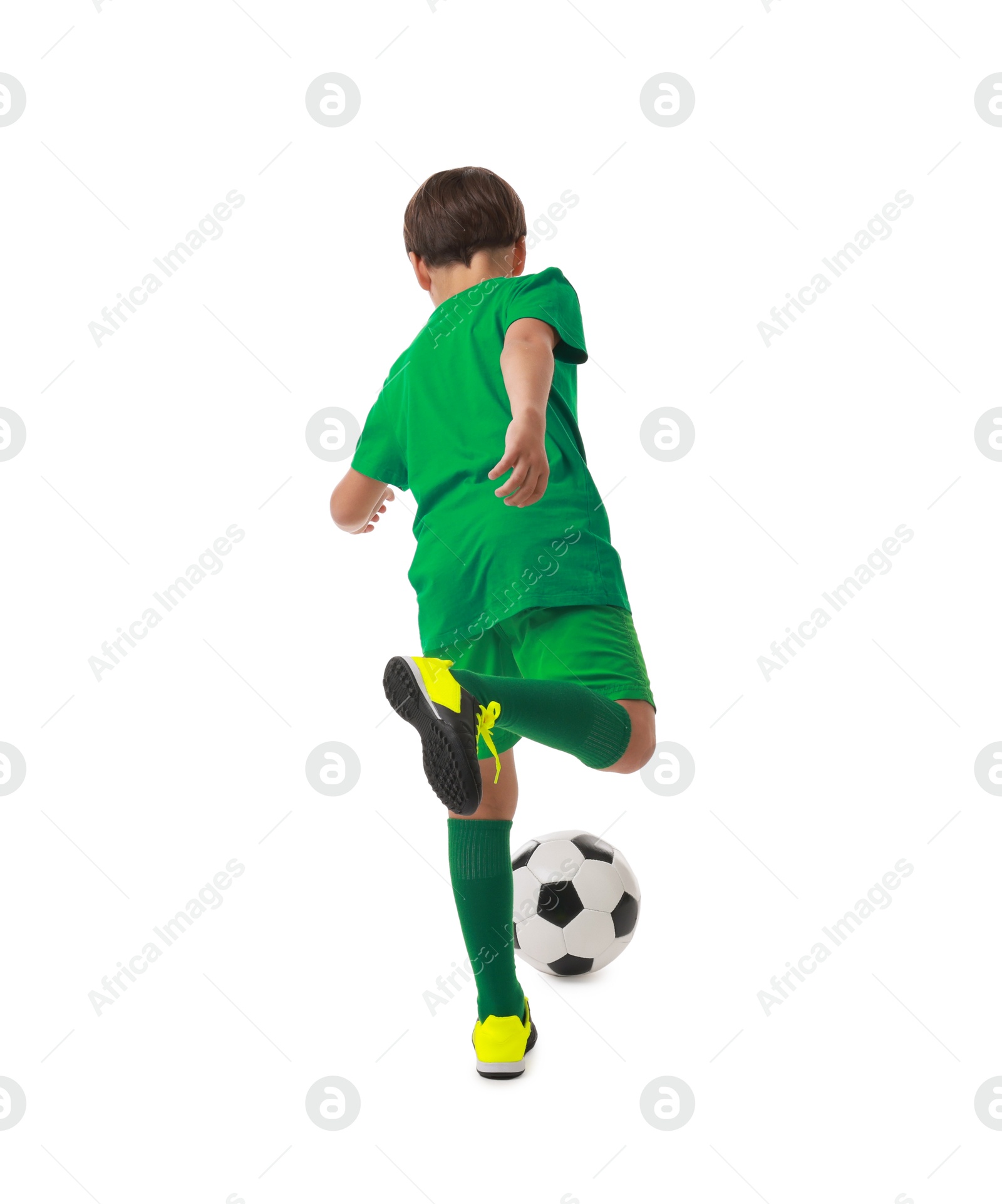 Photo of Boy with soccer ball playing football on white background, back view