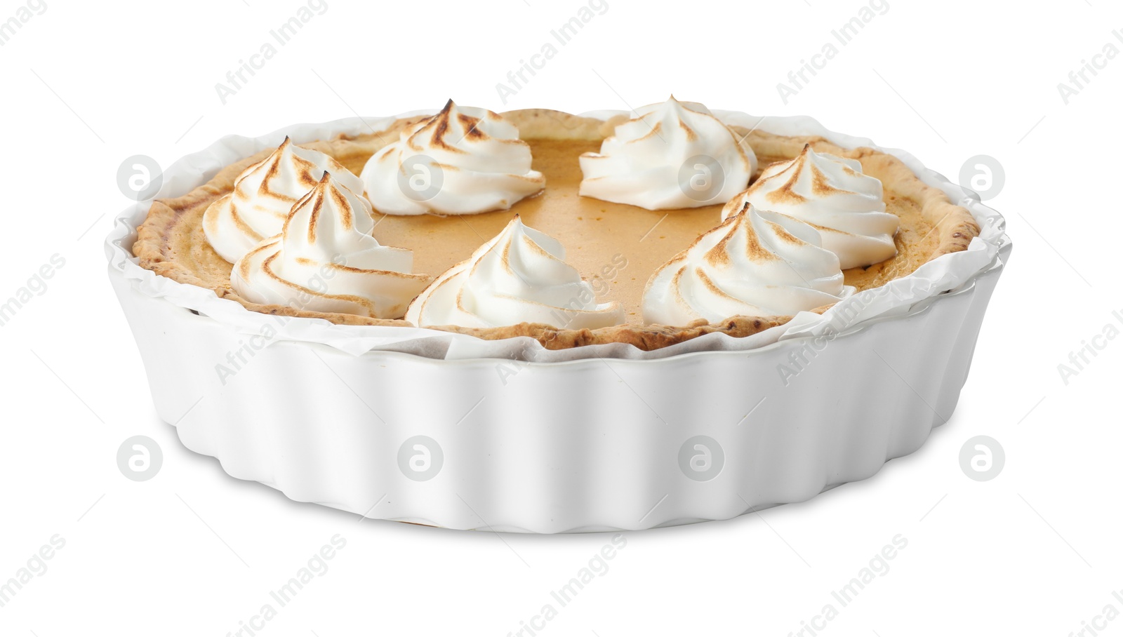 Photo of Tasty homemade pumpkin pie in baking dish isolated on white