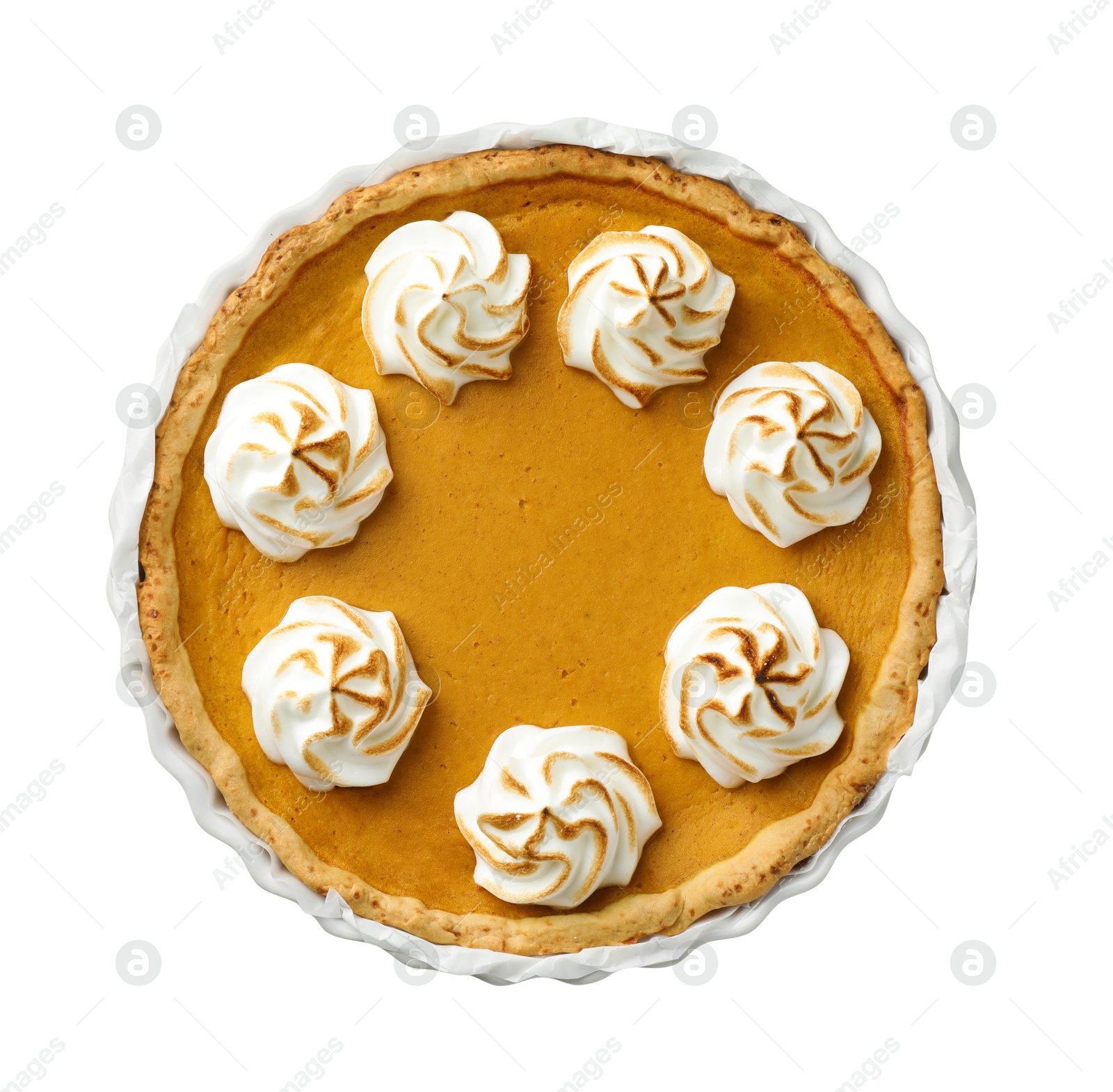 Photo of Tasty homemade pumpkin pie in baking dish isolated on white, top view