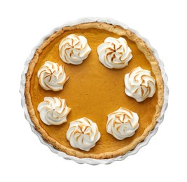 Photo of Tasty homemade pumpkin pie in baking dish isolated on white, top view