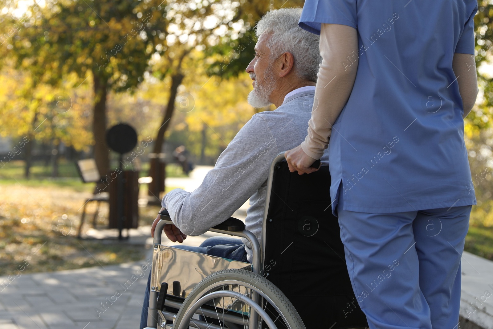 Photo of Caregiver assisting senior man on wheelchair in park, back view. Home health care service