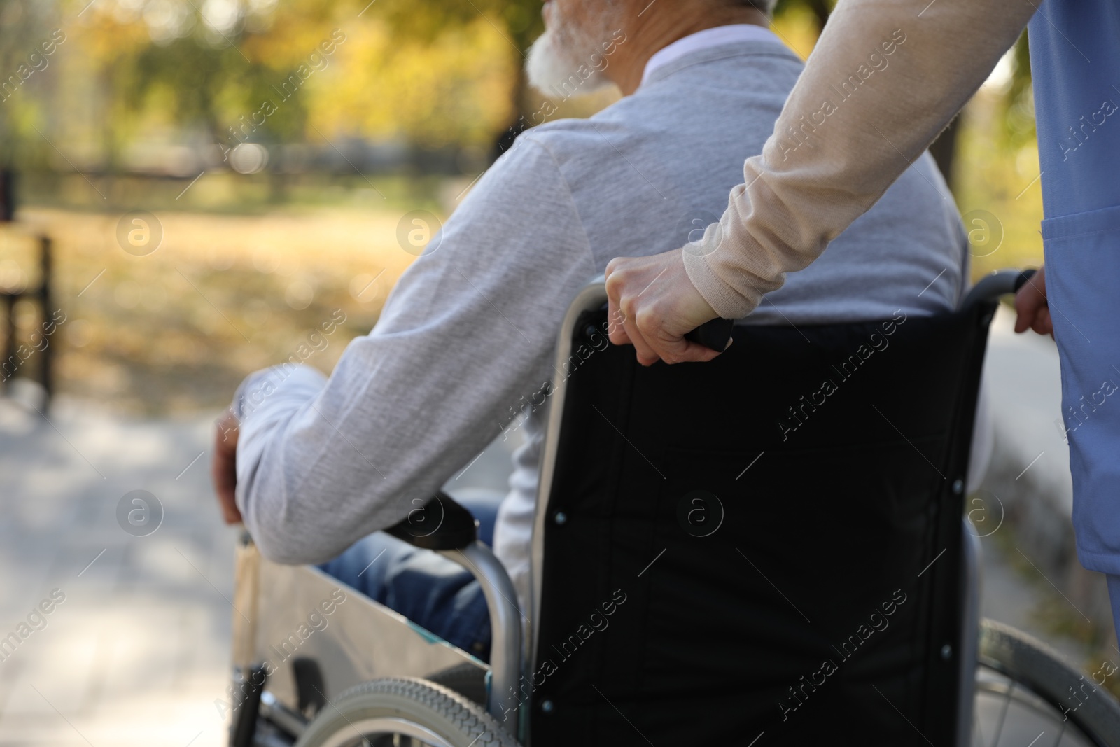 Photo of Caregiver assisting senior man on wheelchair in park, closeup. Home health care service