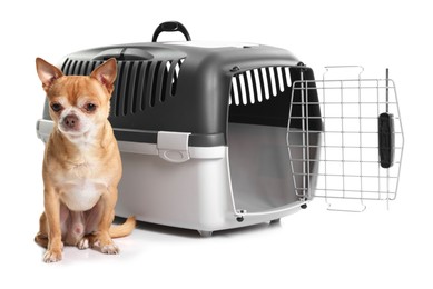 Photo of Adorable dog near pet carrier isolated on white