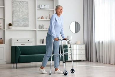 Senior woman with walking frame at home