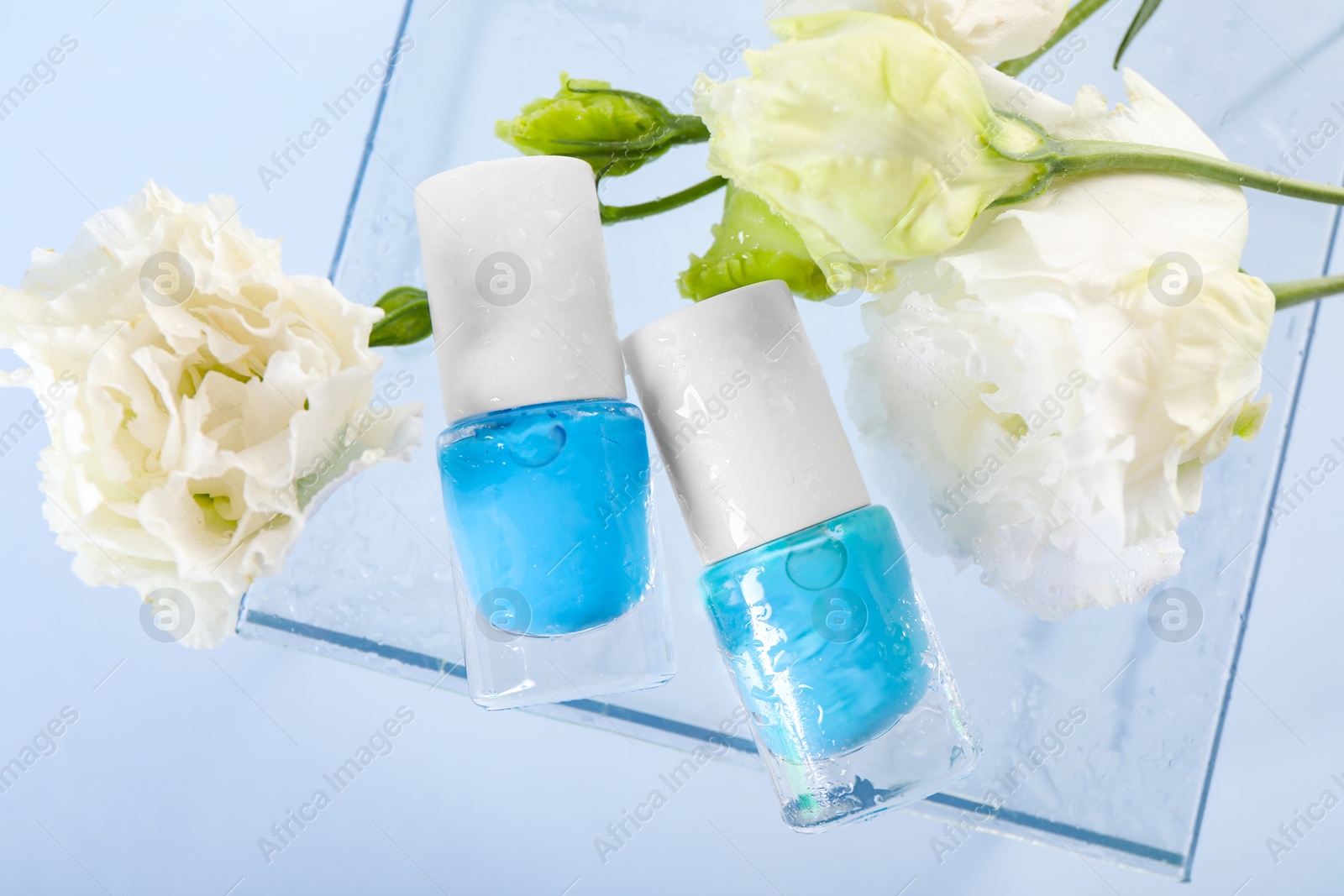 Photo of Nail polishes in bottles and beautiful flowers on light background, flat lay