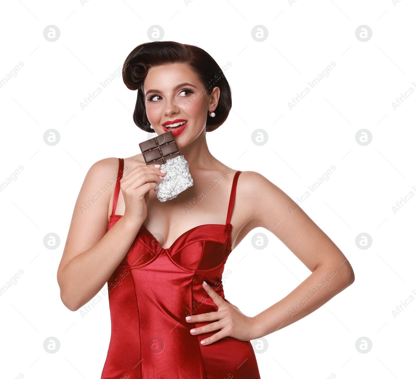 Photo of Pin-up woman eating chocolate on white background