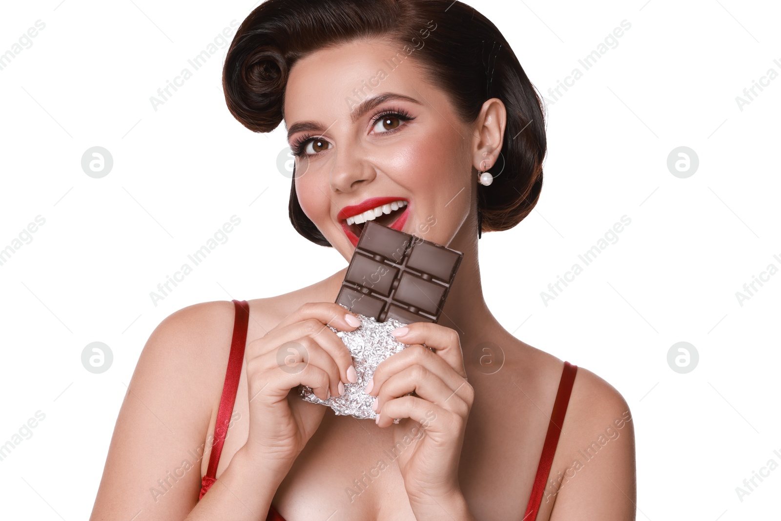 Photo of Pin-up woman eating chocolate on white background