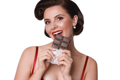 Photo of Pin-up woman eating chocolate on white background