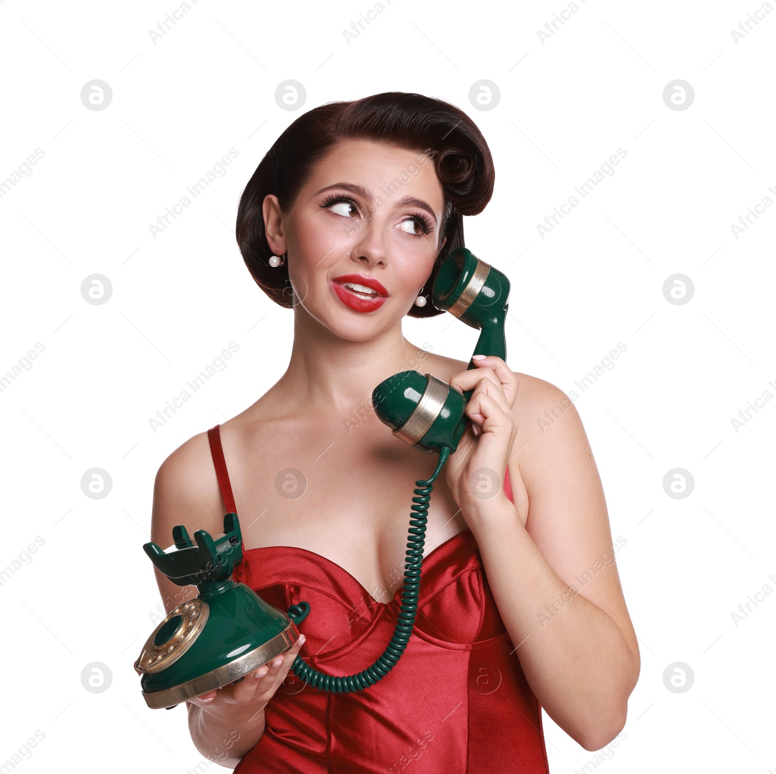 Photo of Pin-up woman with telephone on white background