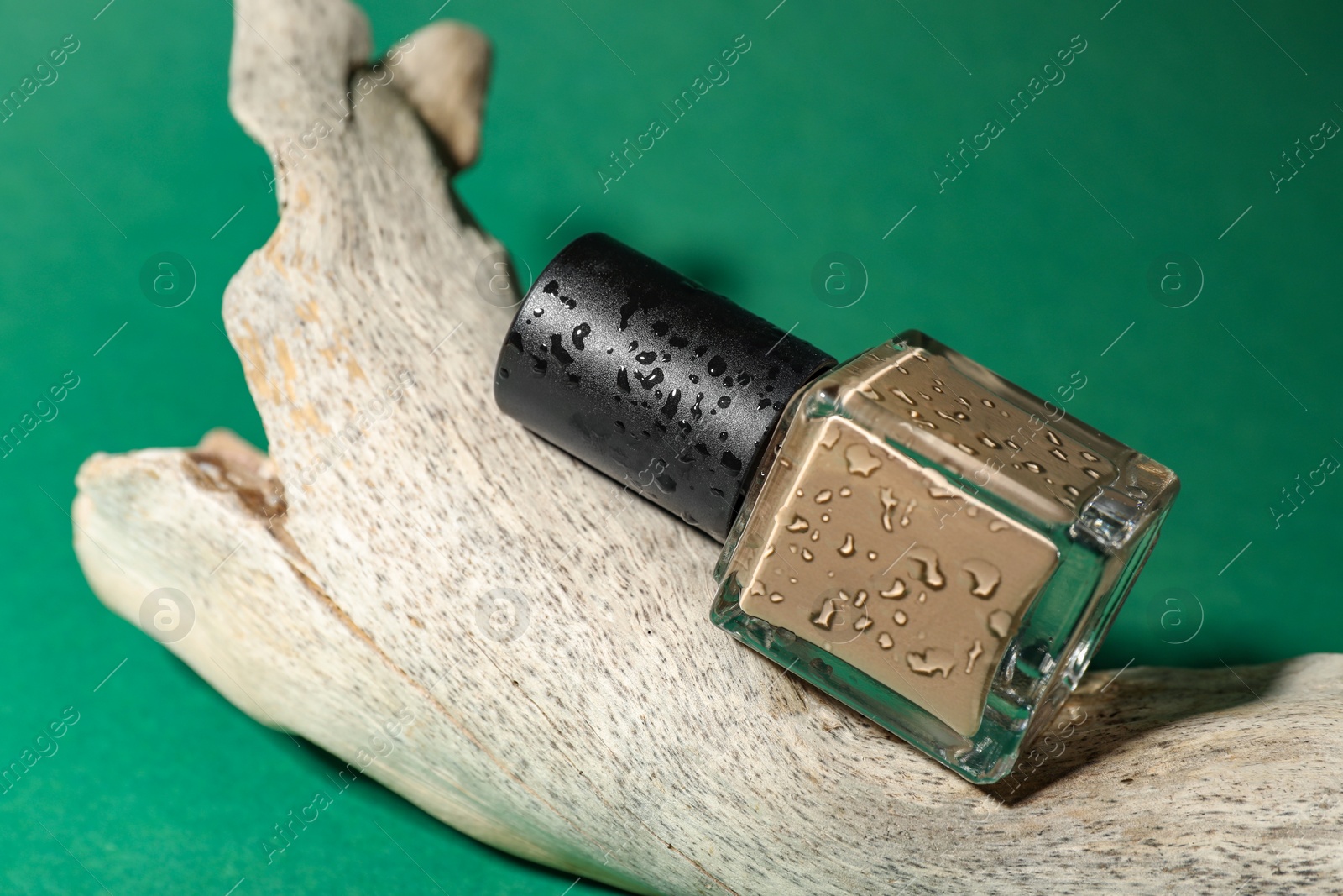 Photo of Nail polish in bottle and piece of decorative wood on green background, closeup