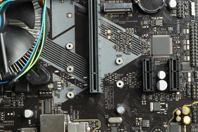 Photo of Computer motherboard as background, top view. Electronic engineering