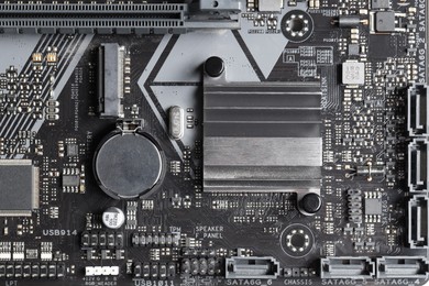 Photo of Computer motherboard as background, top view. Electronic engineering