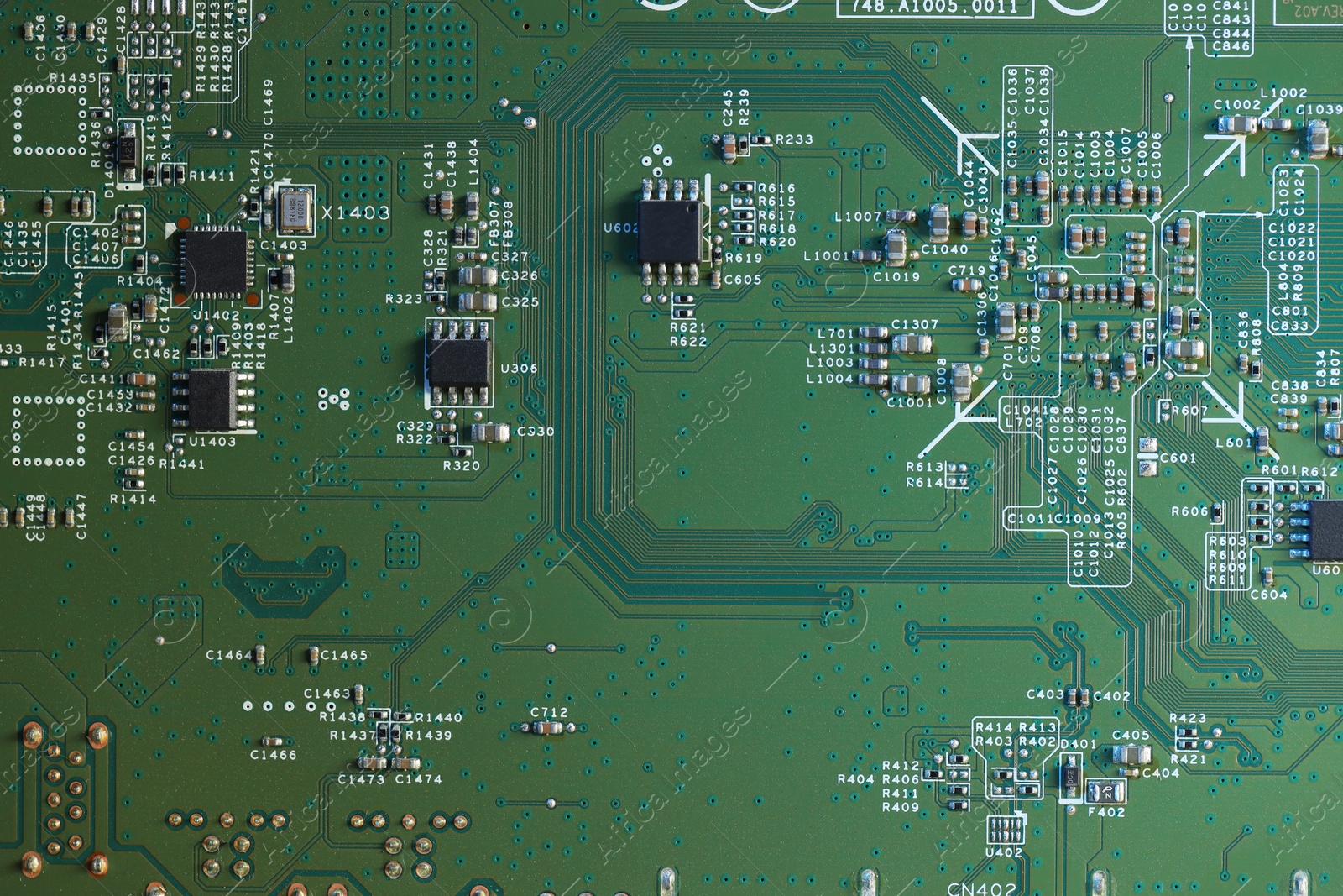 Photo of Electronic circuit board as background, top view