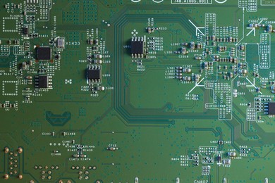 Photo of Electronic circuit board as background, top view