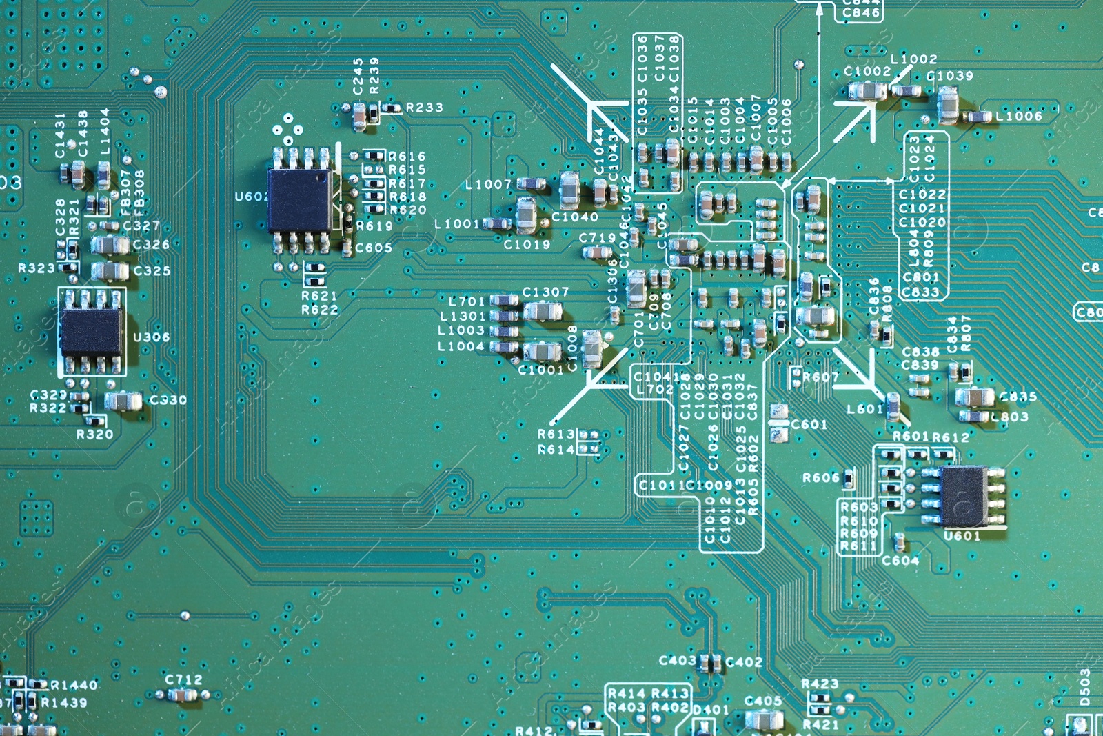 Photo of Electronic circuit board as background, top view