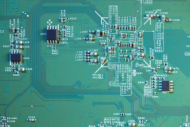 Photo of Electronic circuit board as background, top view