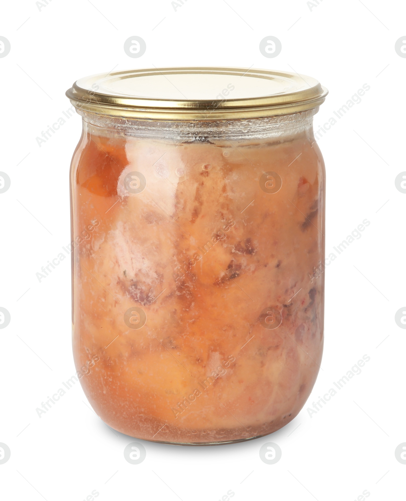 Photo of Canned meat in glass jar isolated on white