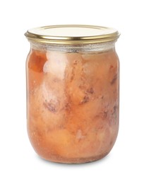 Photo of Canned meat in glass jar isolated on white