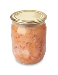 Photo of Canned meat in glass jar isolated on white