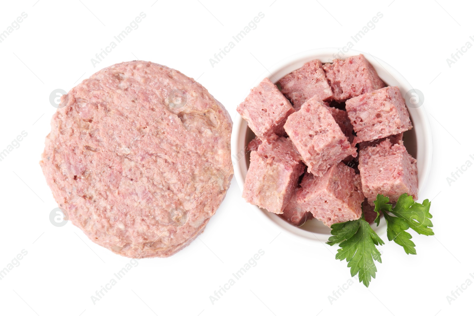 Photo of Canned meat with fresh parsley isolated on white, top view