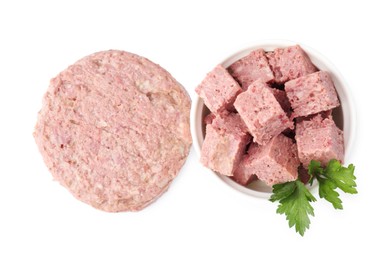 Photo of Canned meat with fresh parsley isolated on white, top view