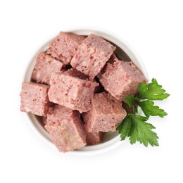 Photo of Canned meat with fresh parsley in bowl isolated on white, top view