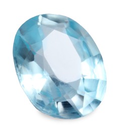 Photo of Light blue shiny gemstone isolated on white