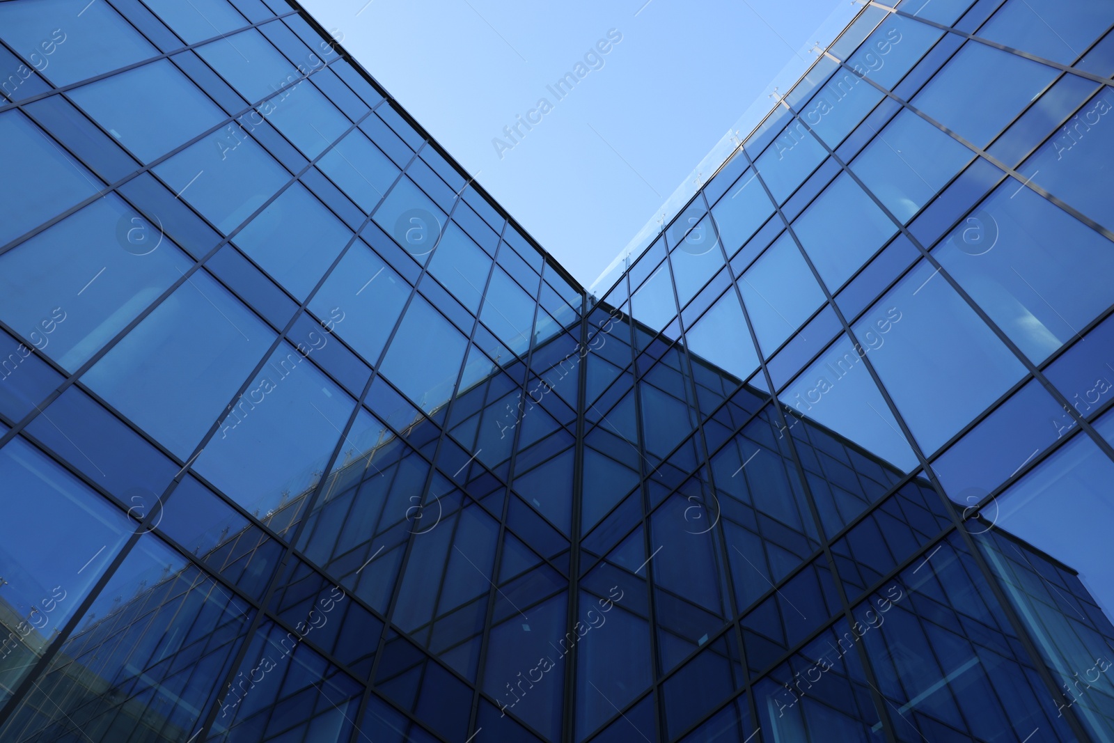 Photo of Exterior of modern building with many windows against light blue sky, low angle view