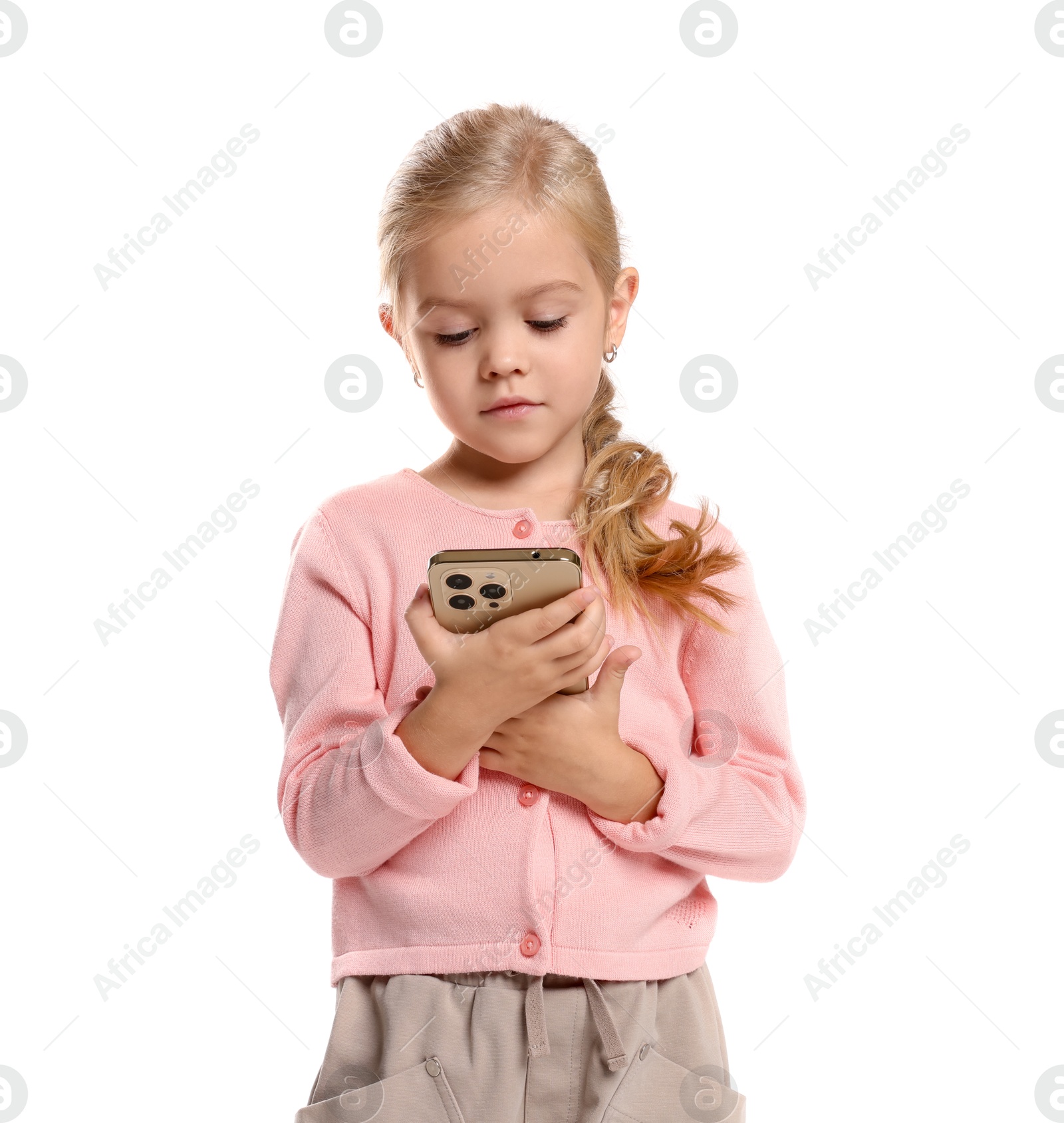 Photo of Cute little girl with smartphone on white background