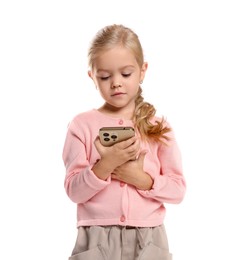 Photo of Cute little girl with smartphone on white background