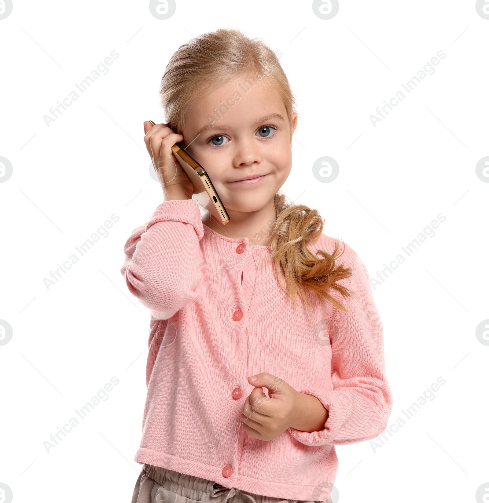 Photo of Cute little girl talking on smartphone against white background